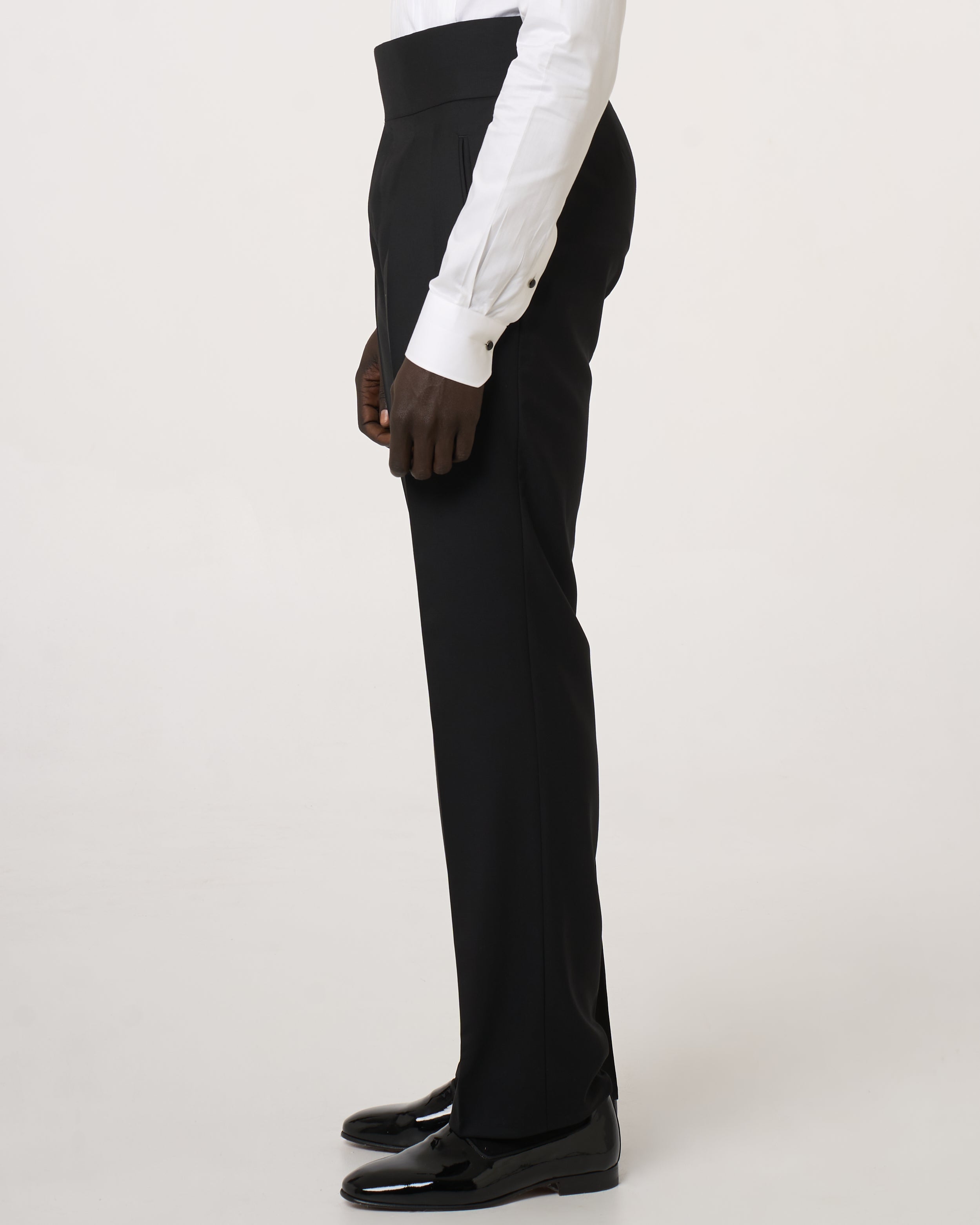 Pantalone Cintura Alta da 8 cm, Prolunga Biforcuta, con Doppia Pinces Inversa, Tasca a Filetto e Gallone Laterale in raso.